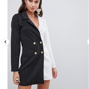 Black and white striped contrast blazer dress with gold buttons